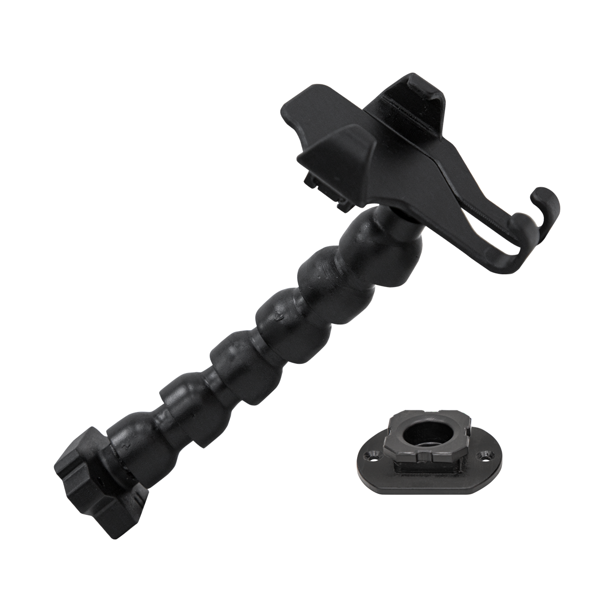 E-Hub™ Phone Holder securely mounted in a pop-up ice fishing shelter, showing a phone streaming a fishing video.