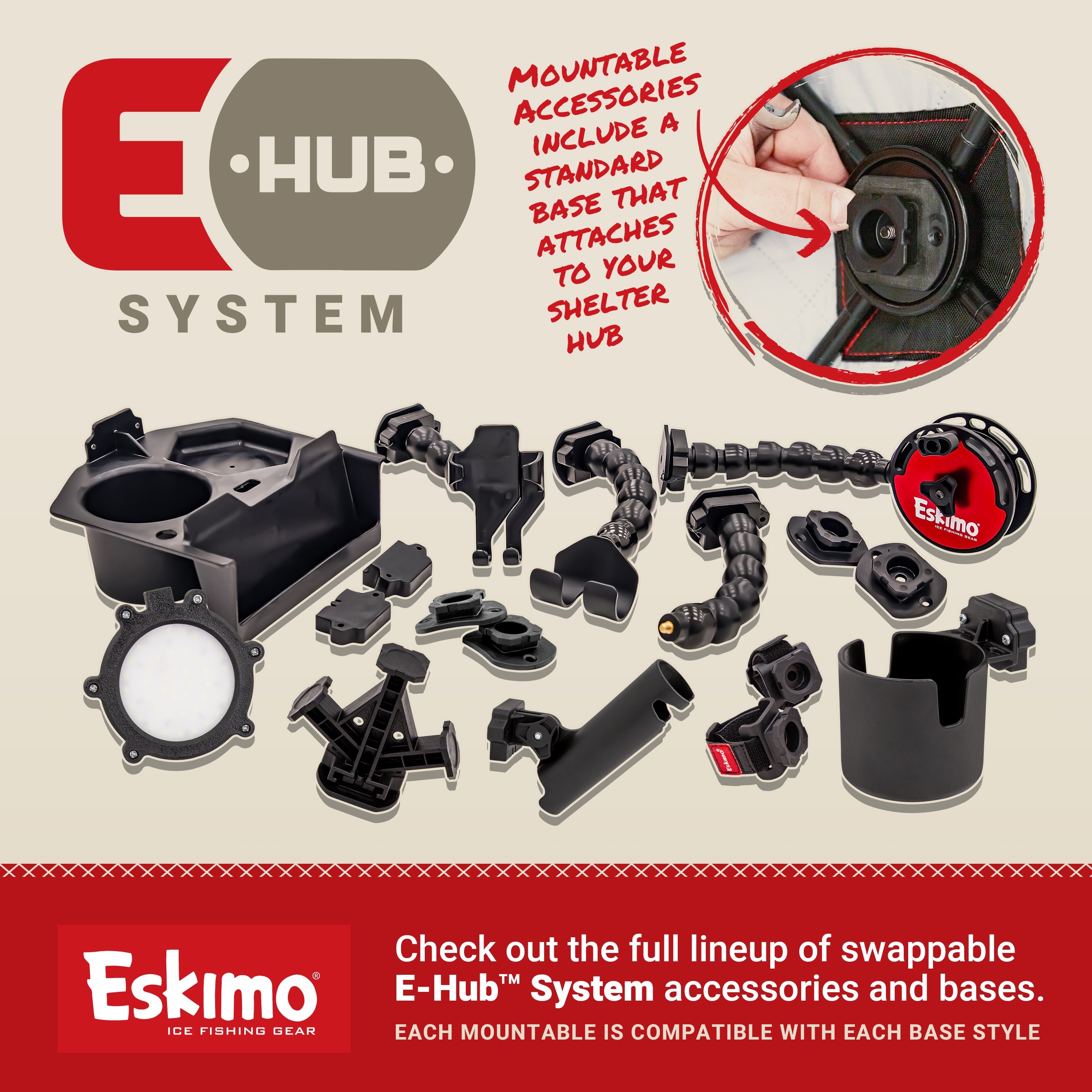 E-Hub Rattle Reel mounted on ice fishing shelter hub with line in the water, ready for catching fish