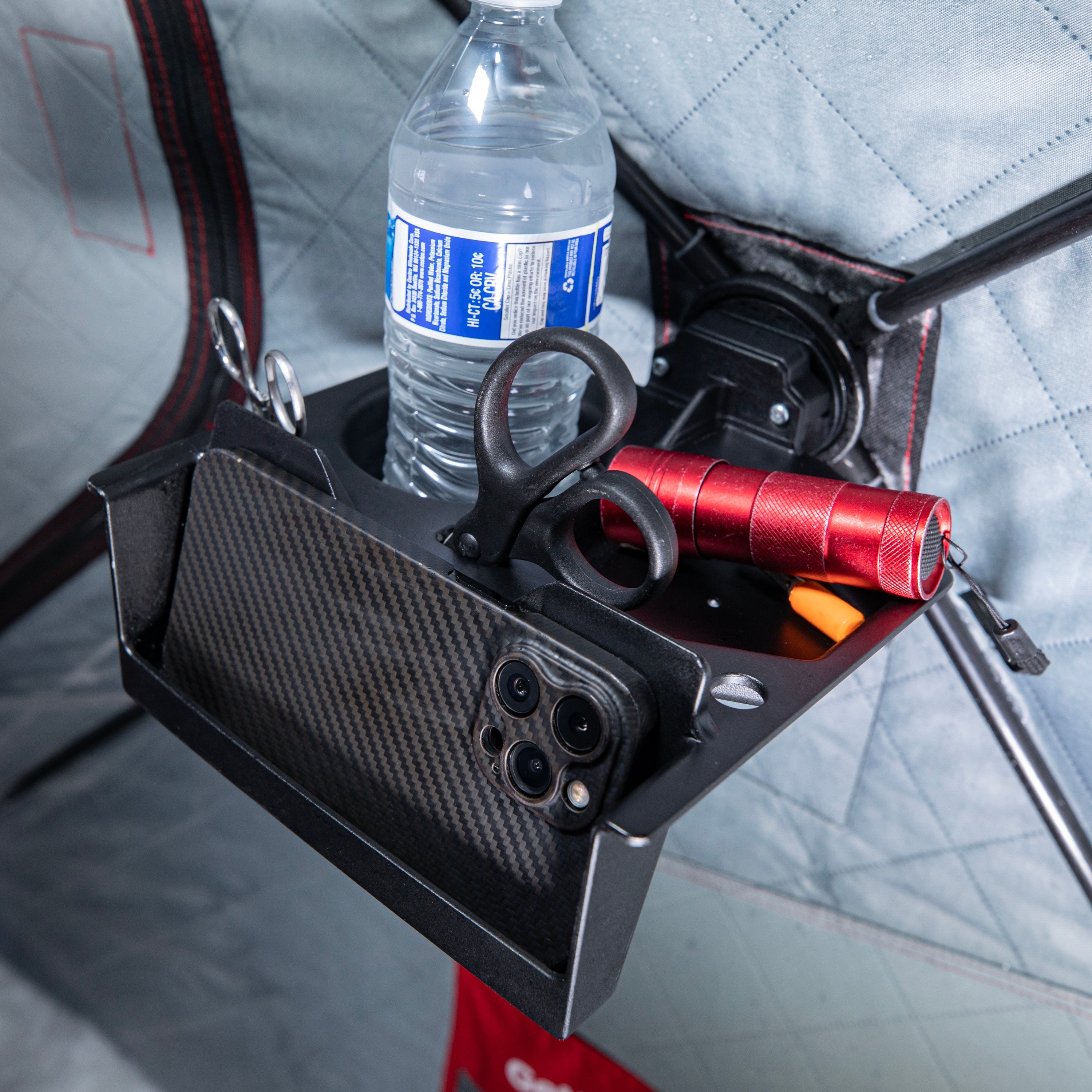 E-Hub table accessory with beverage holder and gear tray