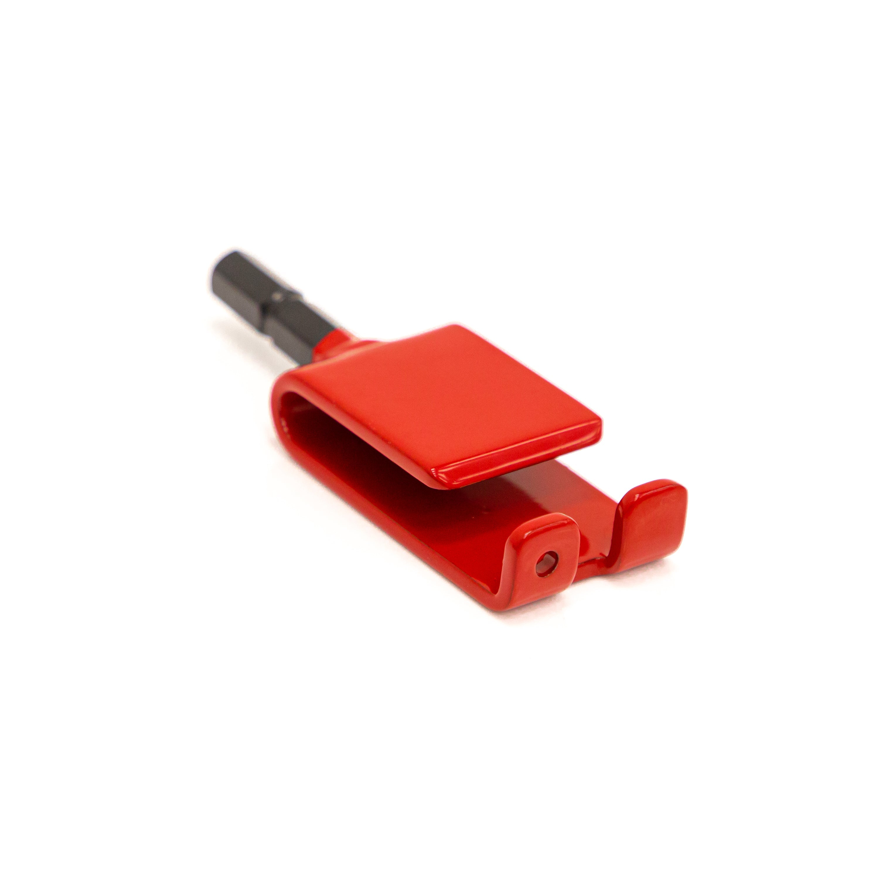 Red tool with a black bit on a white background