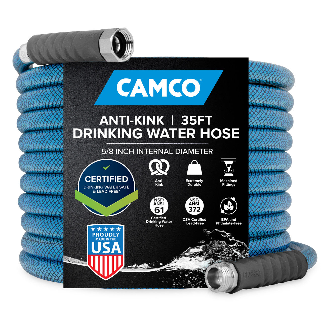 NSF-certified drinking water hose with machined fittings and strain relief ends.