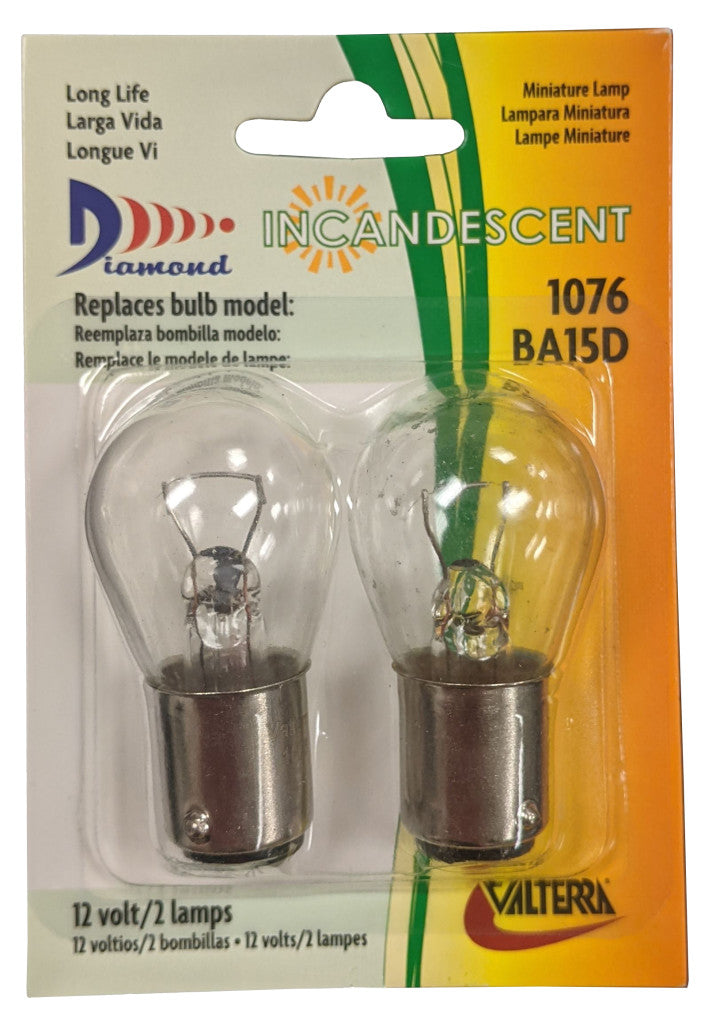 Two incandescent light bulbs in packaging with Valterra branding.