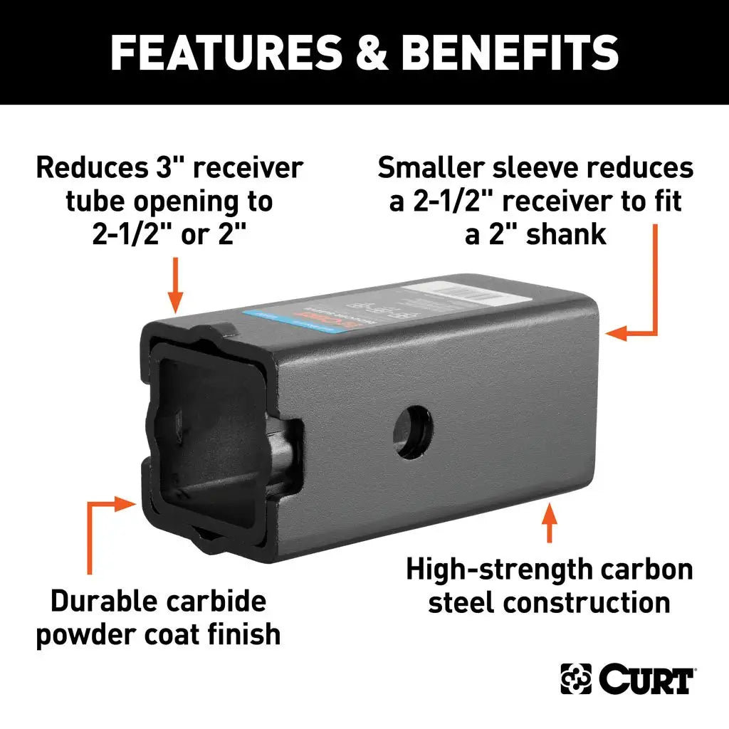 CURT reducer sleeve installed on a vehicle’s 3-inch hitch receiver, allowing compatibility with a 2-inch shank accessory like a ball mount or bike rack.