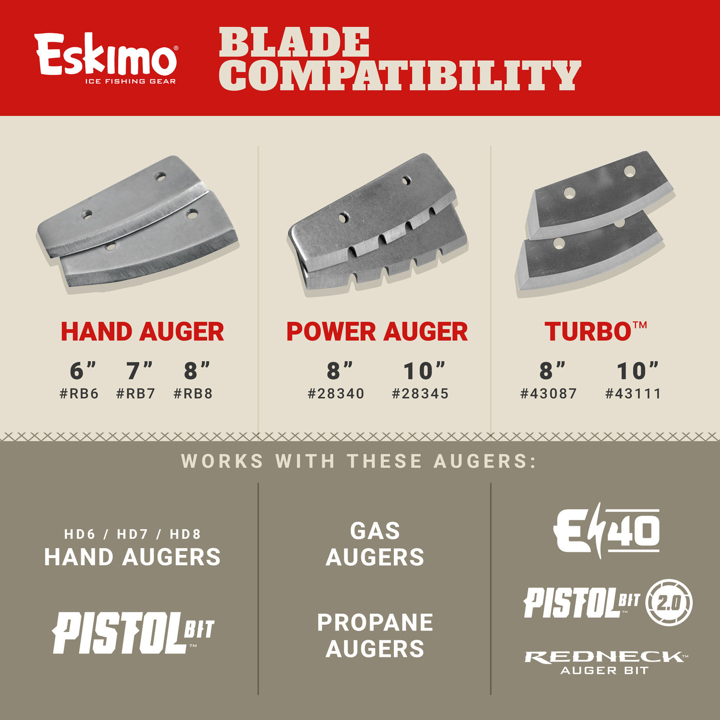 Eskimo blade compatibility chart for ice fishing augers on a beige background