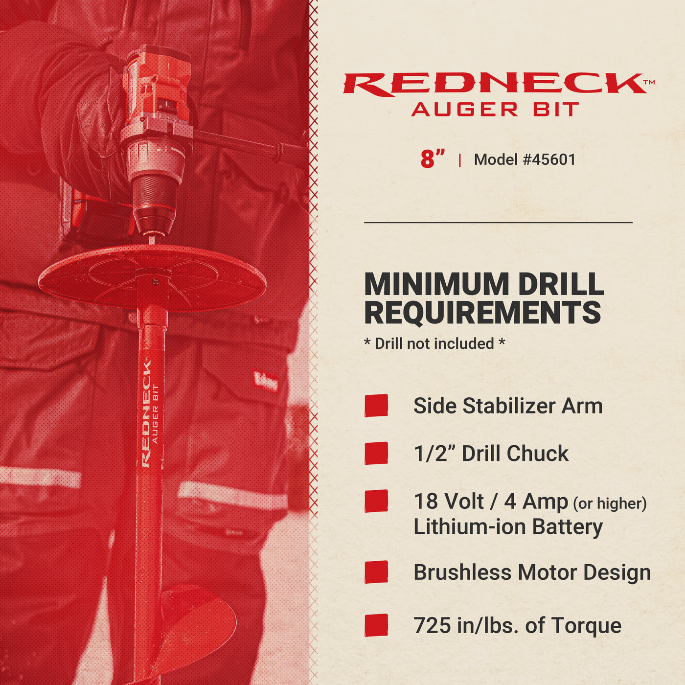 Redneck auger bit with minimum drill requirements listed on a beige background