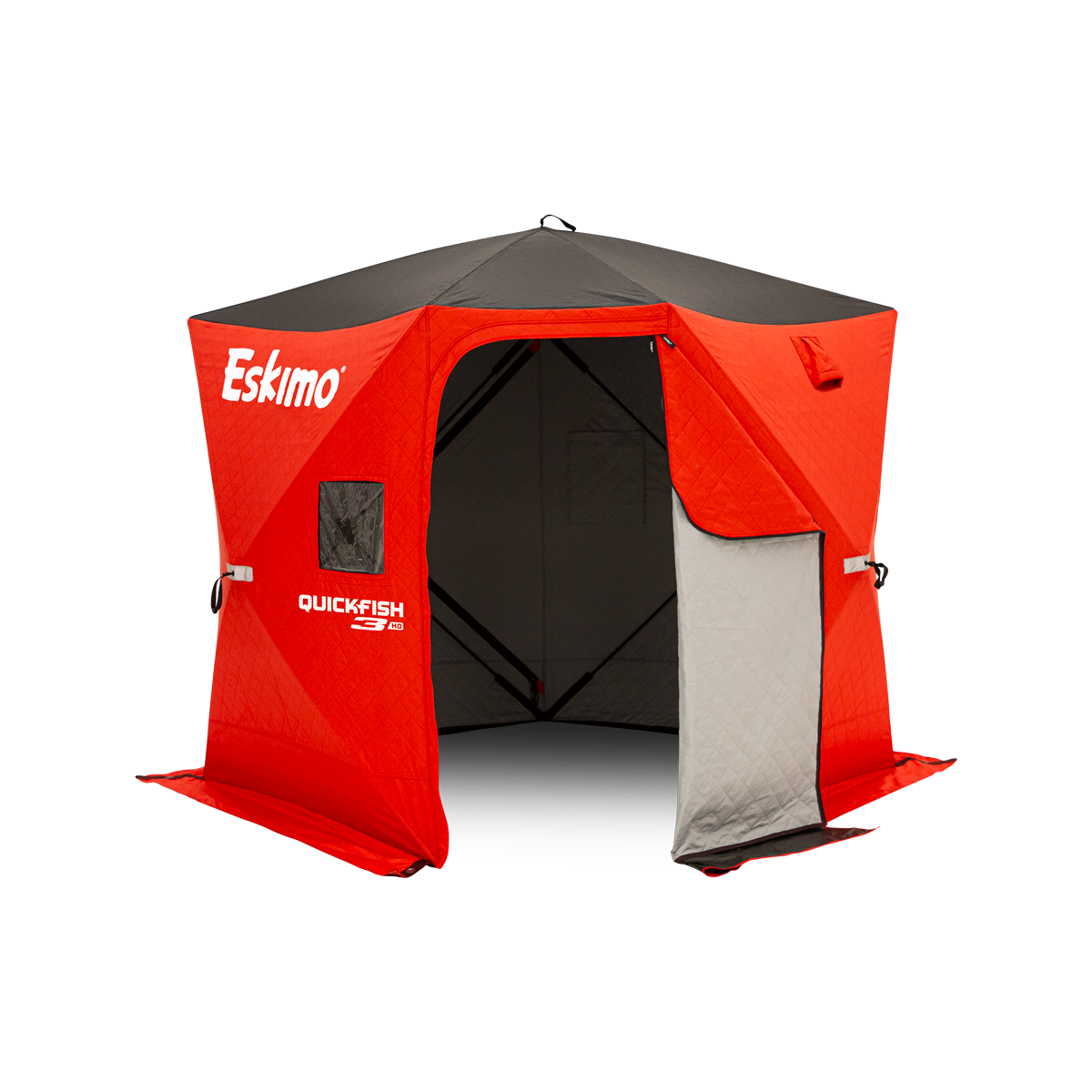 QuickFish HD ice shelter with no-trip door and fully-insulated IQ fabric, designed for comfort and mobility on the ice.