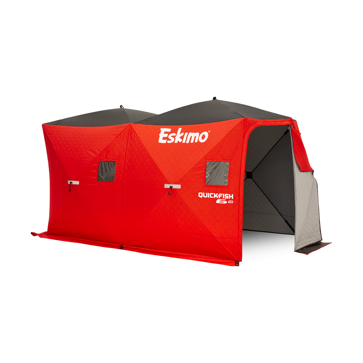 QuickFish HD ice fishing shelter with durable fabric, fully set up on a snowy ice surface
