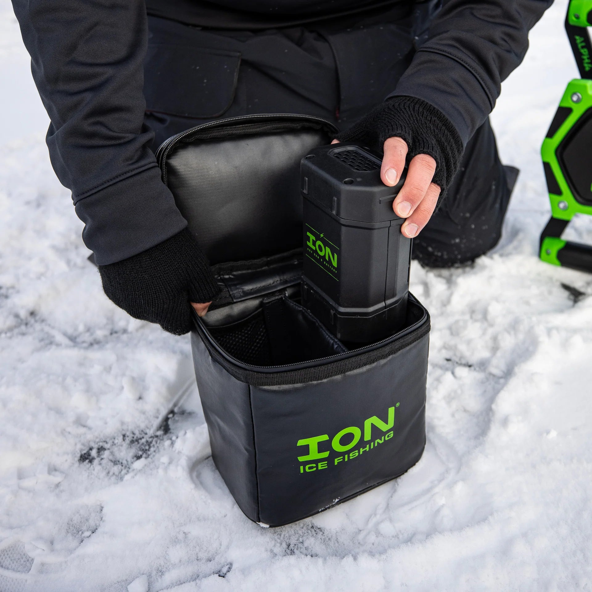 Compact ION® battery bag with a handle for convenient carrying.