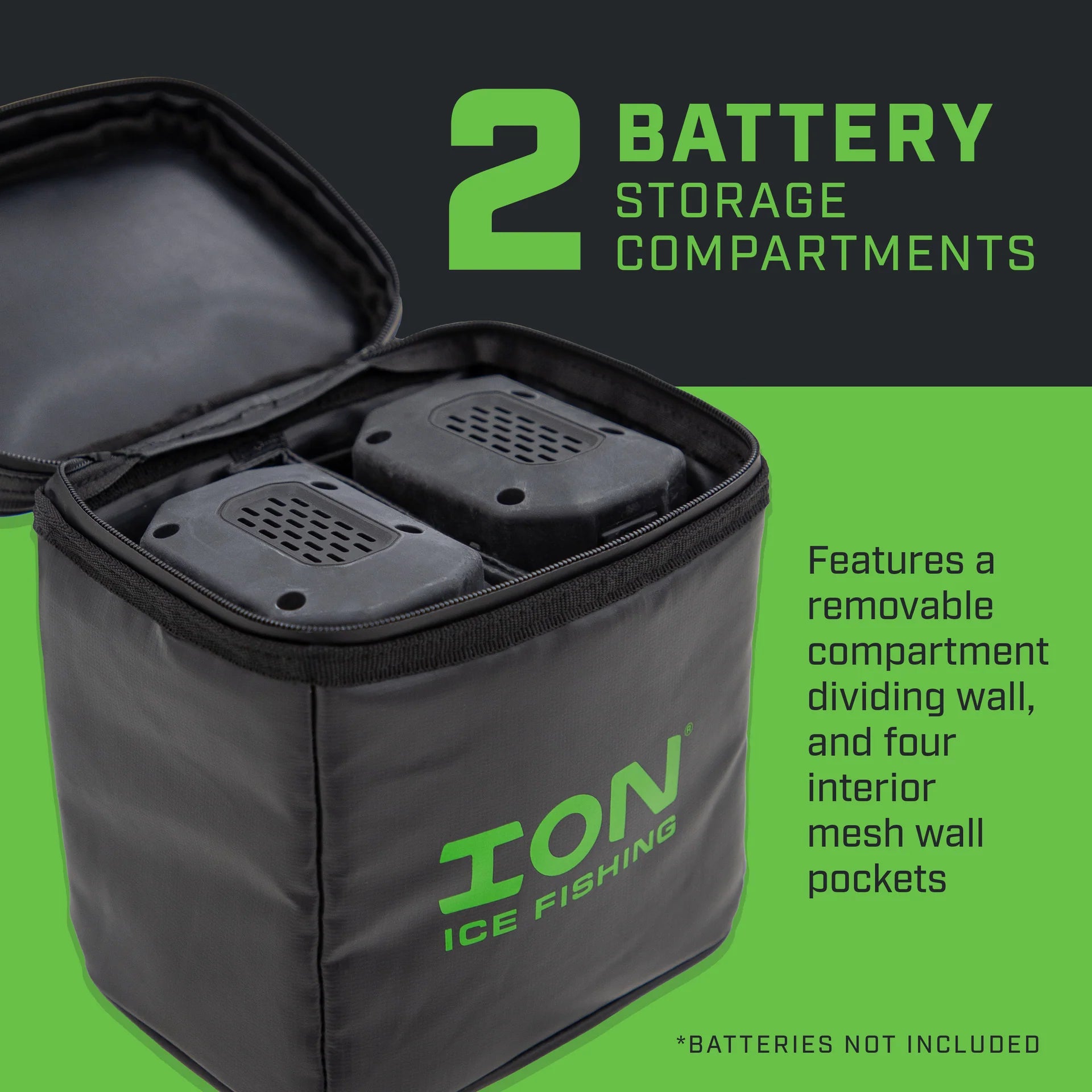 Close-up of water-resistant material on the ION® battery bag protecting contents.