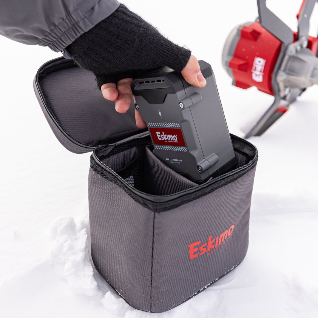 Durable Water-Resistant Bag for Two Eskimo Auger Batteries with Interior Hand Warmer Pockets