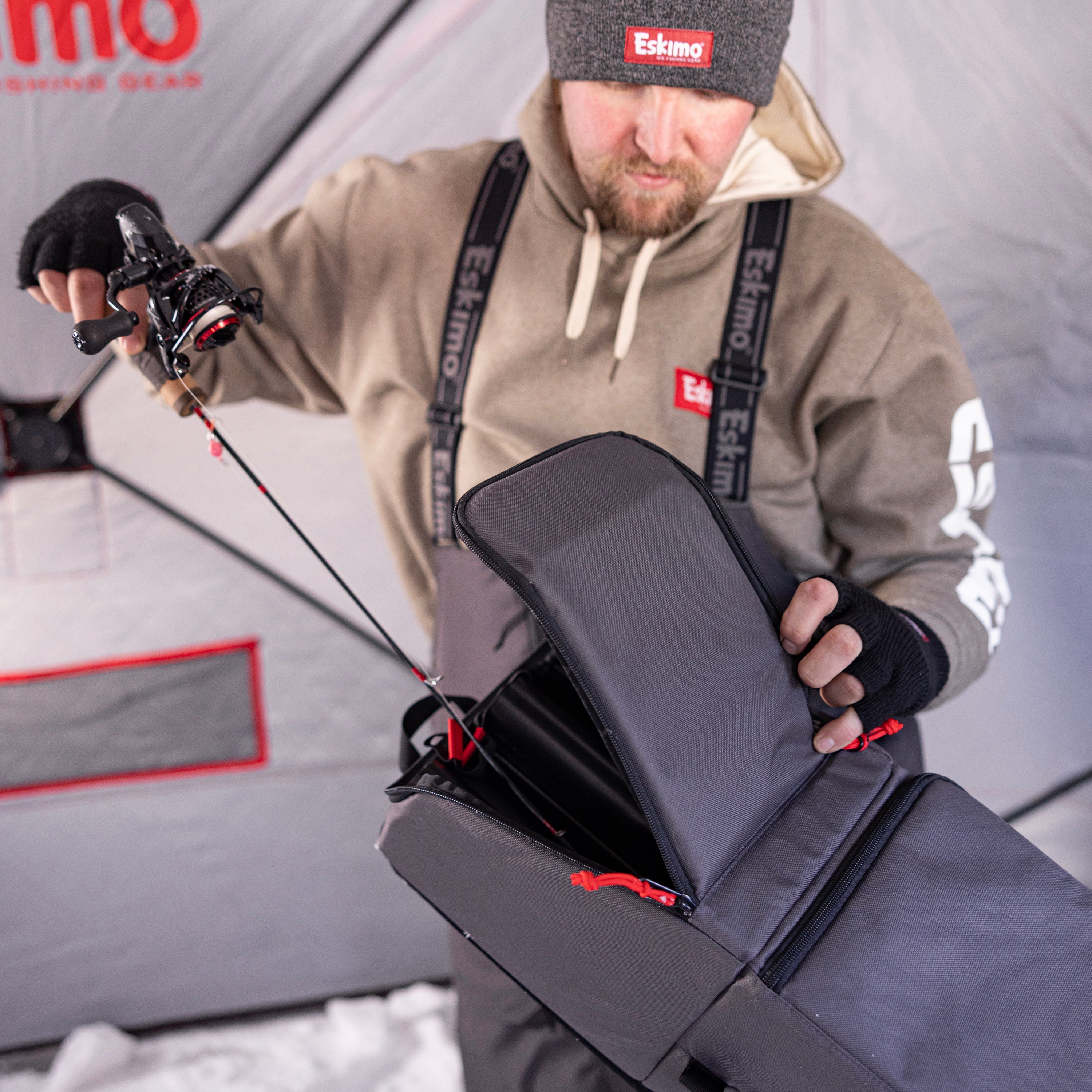 No-snag rod tubes on Eskimo 42-inch rod locker for easy sliding in and out of ice fishing rods