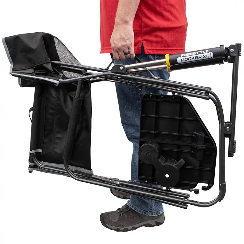 Heavy-duty rocking chair in its folded position, showing its portable design.