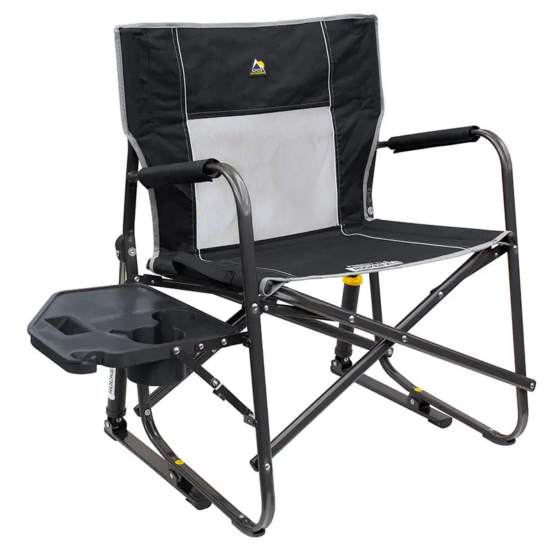 GCI Outdoor Freestyle Rocker XL™ with Side Table fully set up, featuring a broader, heavy-duty frame and breathable mesh backrest
