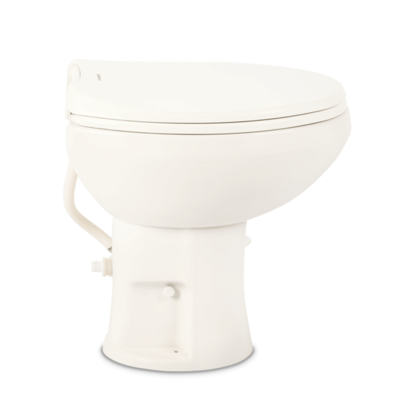 Dometic 420 Platinum RV toilet with seat and lid open showing elongated porcelain bowl