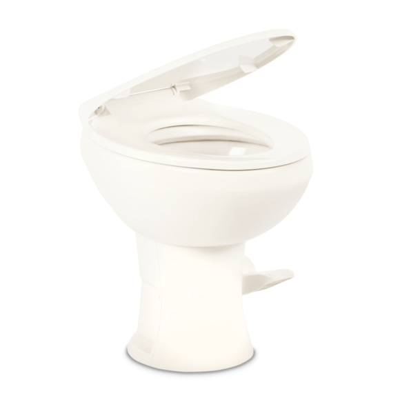 Side profile of the Dometic 420 Platinum elongated RV toilet