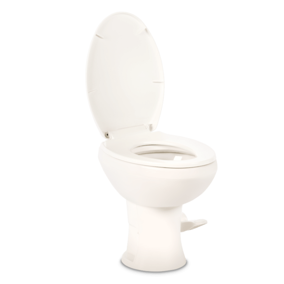 Front view of the Dometic 420 Platinum RV gravity flush toilet