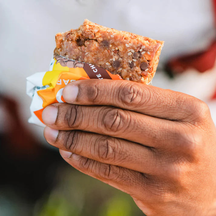 Nutritious peanut butter meal replacement bar made with oats, peanuts, dates, and seeds.