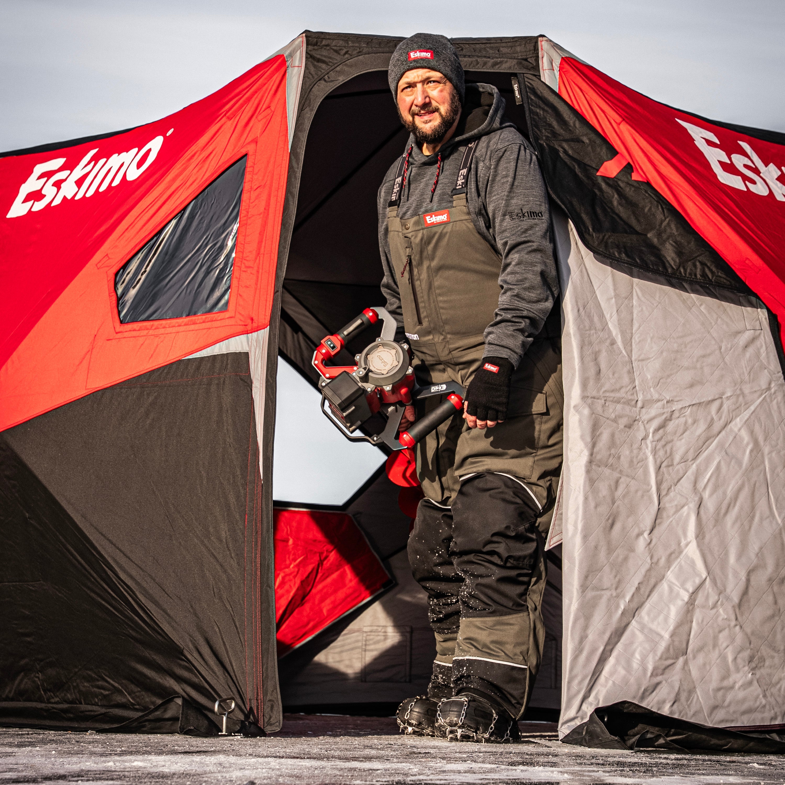 Outbreak 650XDP portable ice shelter packed down to 65.5 inches for easy transport in truck bed, sled, or ATV"