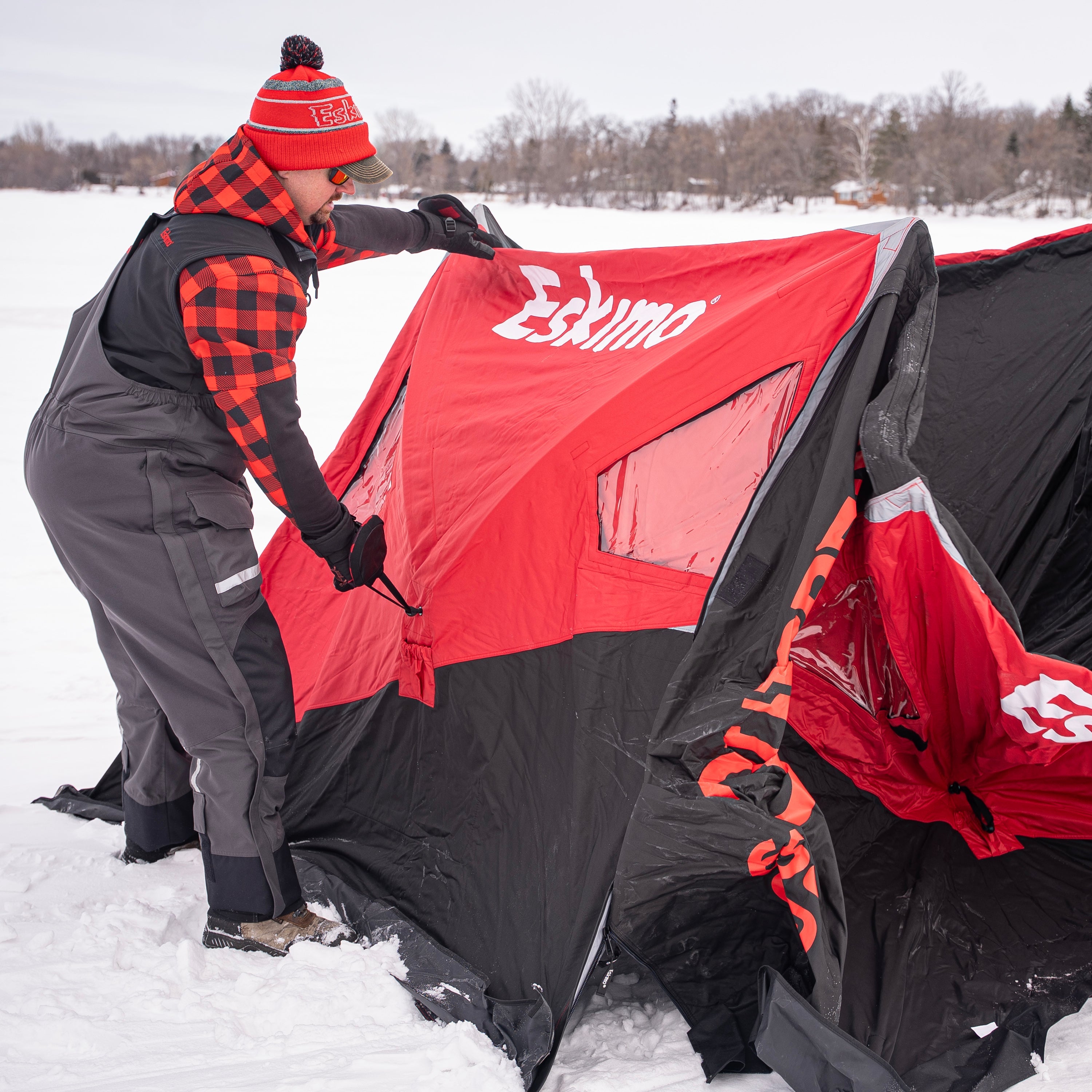 Eskimo Outbreak 650XDP insulated shelter with dual heat ports and propane line zipper for safe heating setup