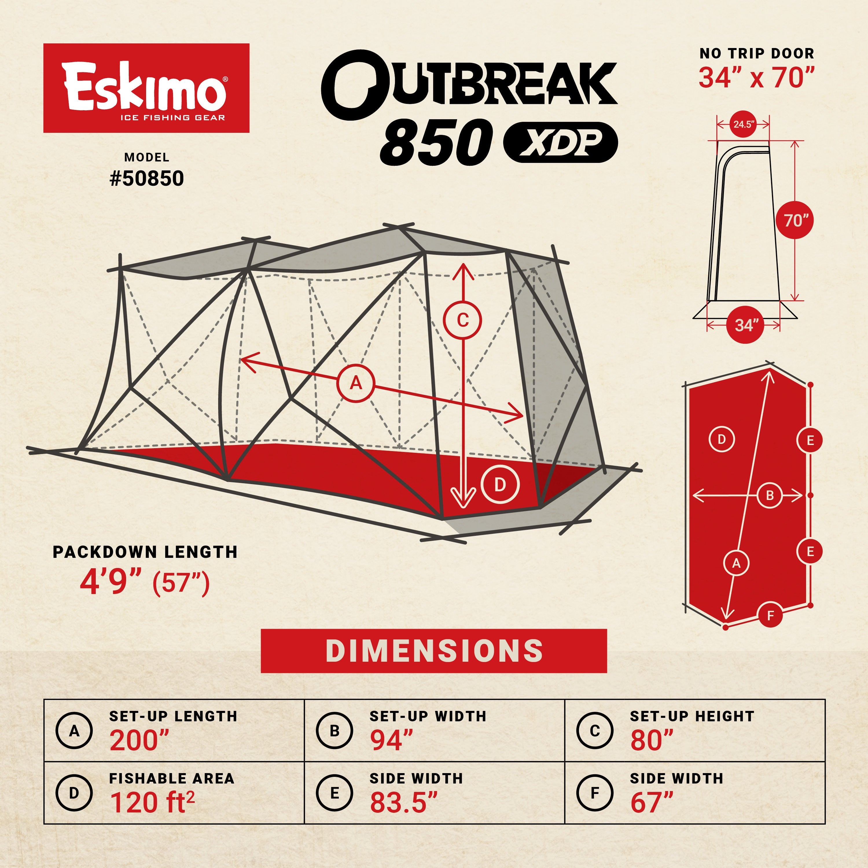 Eskimo Outbreak 850 XDP tent diagram with dimensions and specifications on a beige background