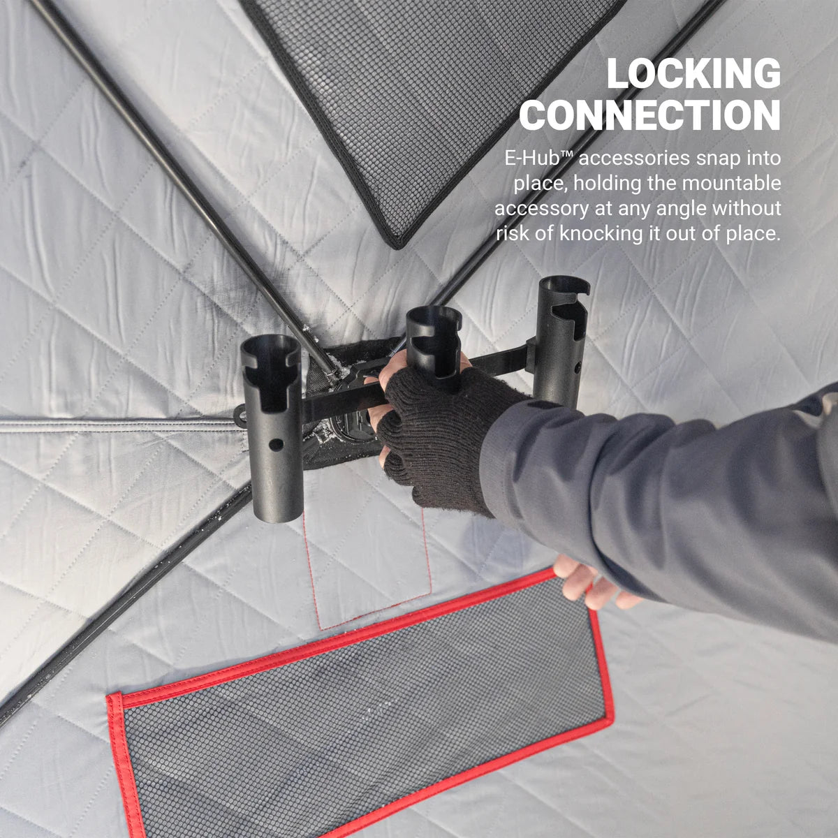 Eskimo E-Hub Triple Rod Holder installed inside an Eskimo pop-up ice fishing shelter