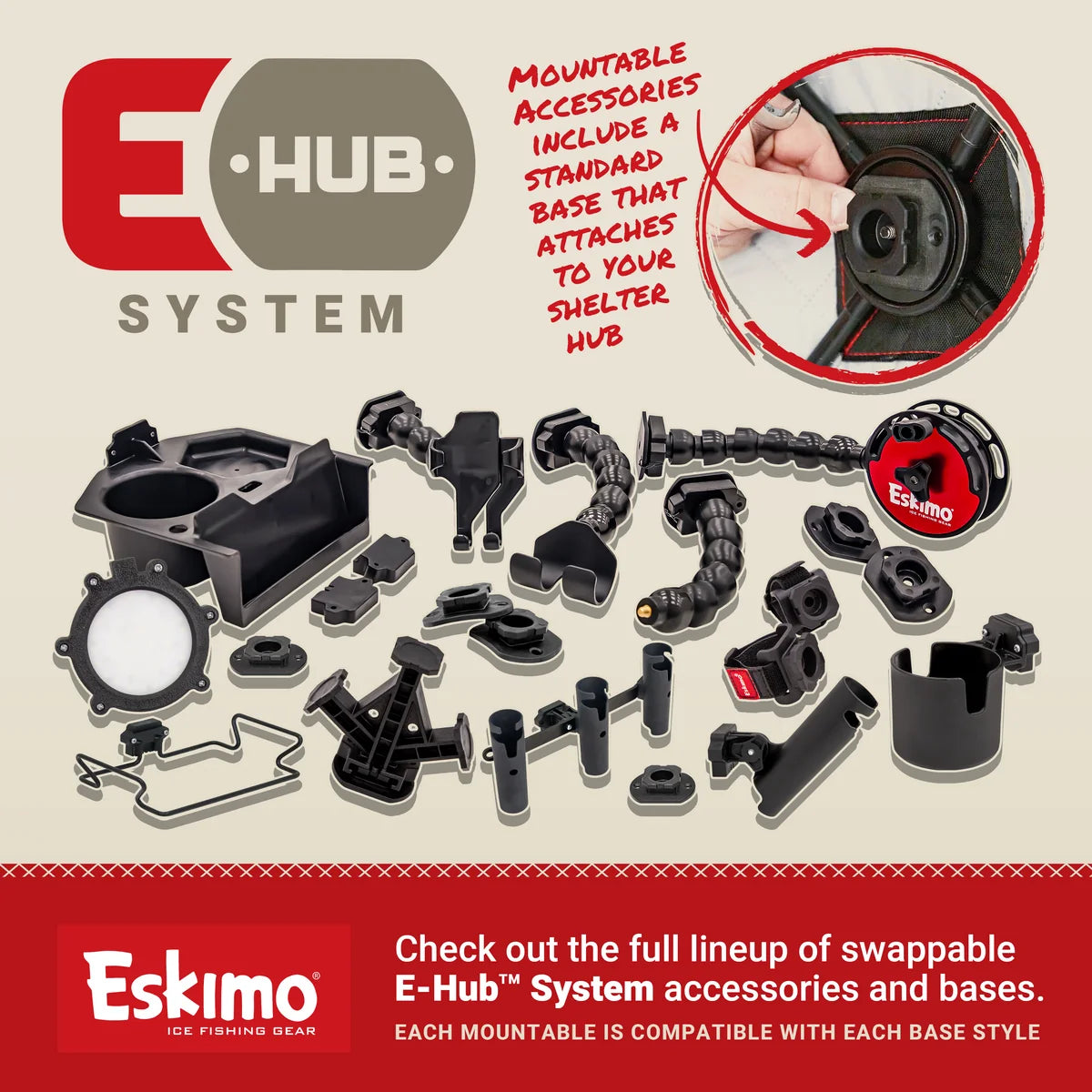 Eskimo E-Hub Triple Rod Holder for organized fishing rod storage inside a shelter