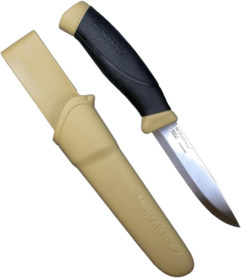Morakniv Companion Knife with 4.1-inch carbon steel blade, ergonomic green rubber handle, and plastic sheath with belt clip for outdoor use