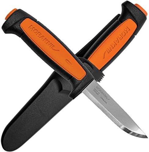 Morakniv knife with orange handle and black sheath on a white background