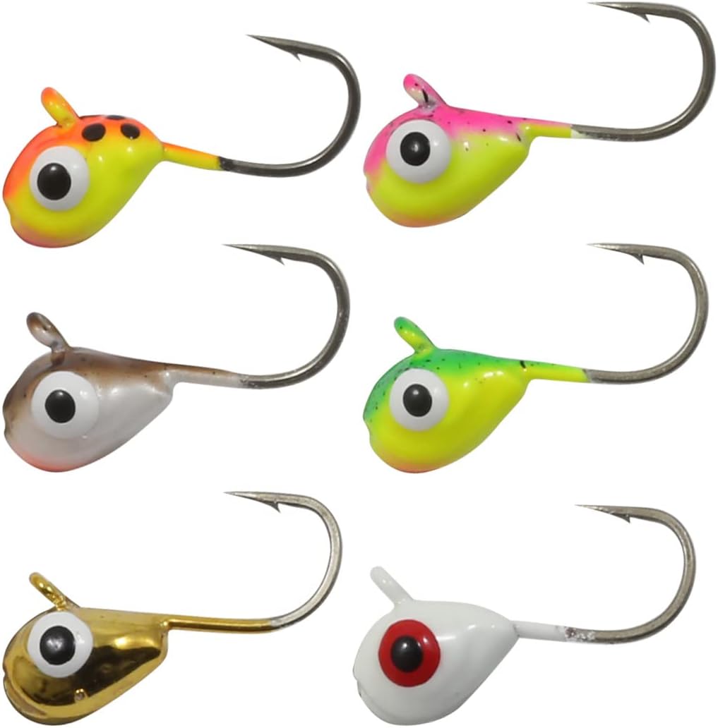 Insect-like Fathead lure with bulging eyes, tungsten body for fast sinking, glowing eyes and body, premium 60-degree needle-point hook, 1/28 oz, assorted colors.