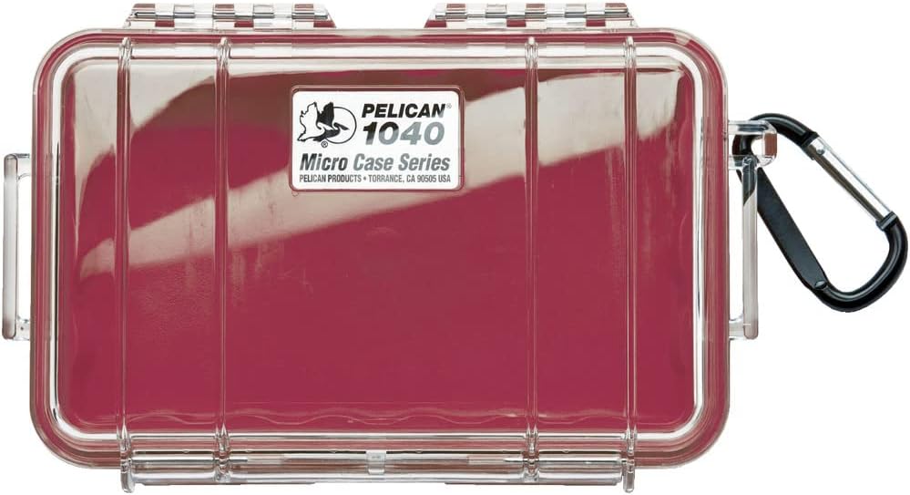 Durable case with attached carabiner for easy carrying and secure attachment.