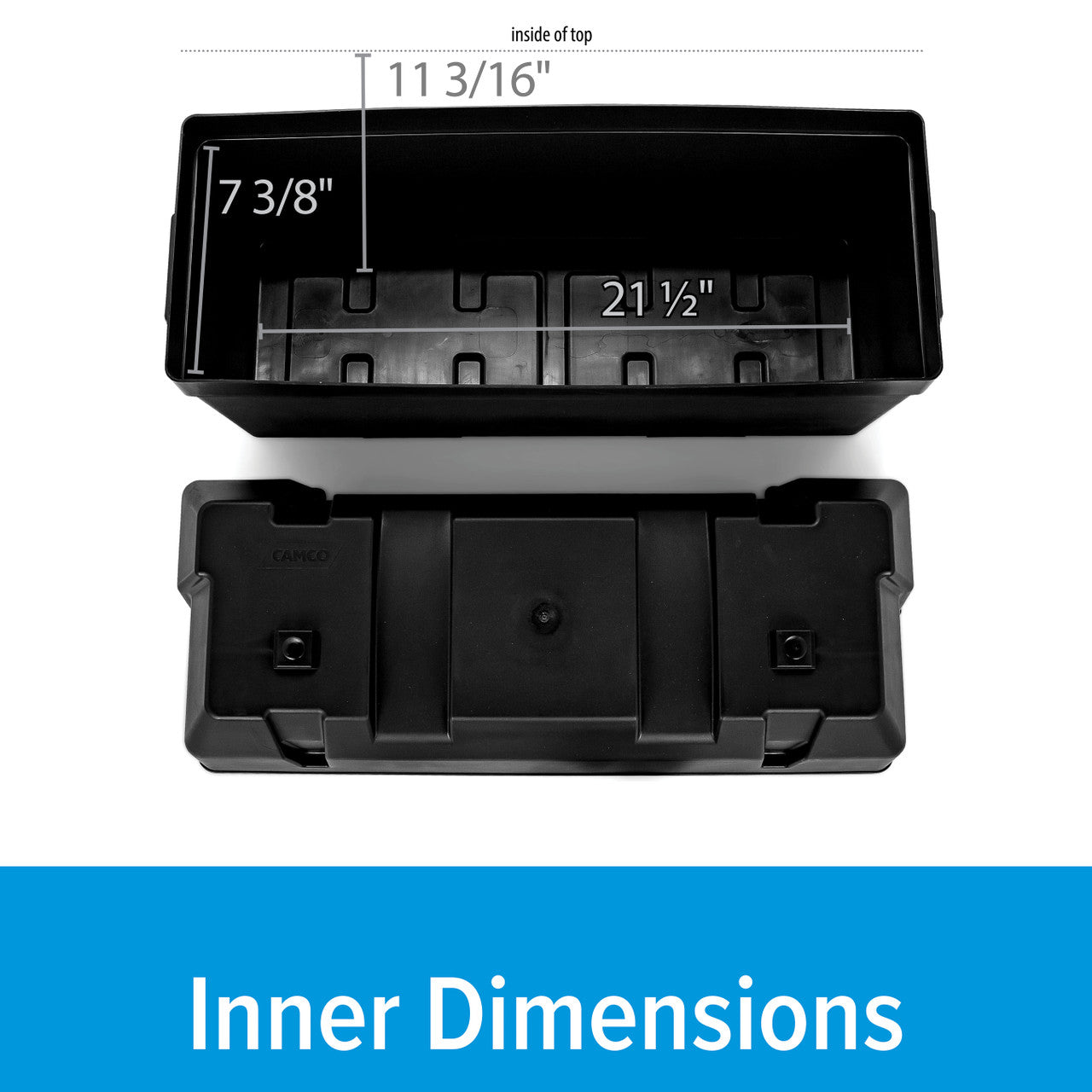 Camco Double Battery Box with inner dimensions of 21-1/2 inches long, 7-3/8 inches wide, and 11-3/16 inches high.