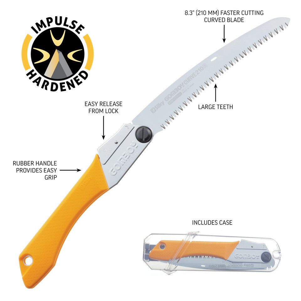 Lightweight steel-handled Gomboy Curve folding saw folded for safe storage