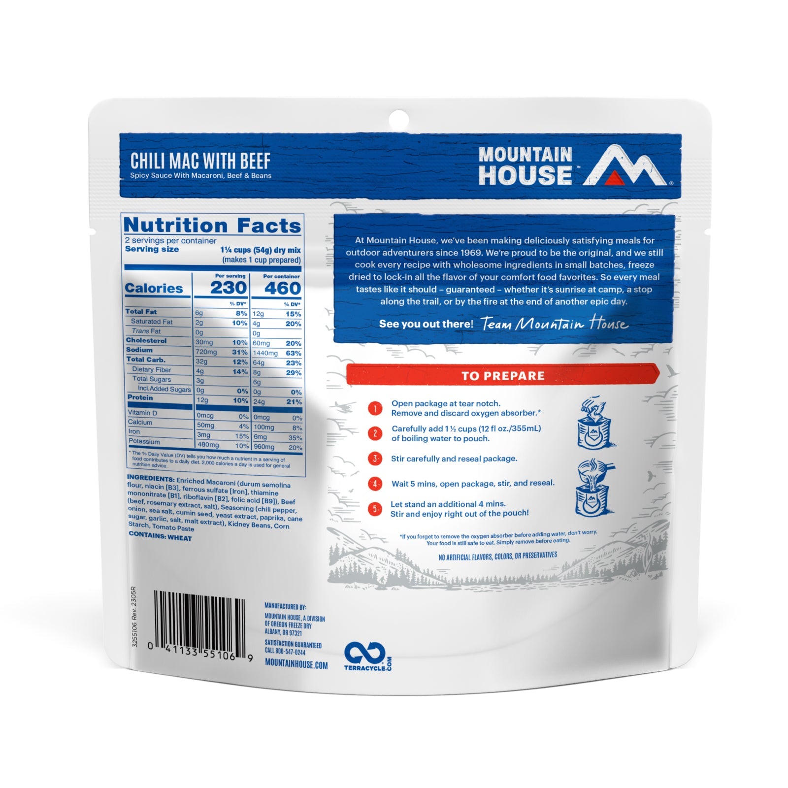 Back of Mountain House Rice & Chicken meal pouch showing nutrition facts and instructions