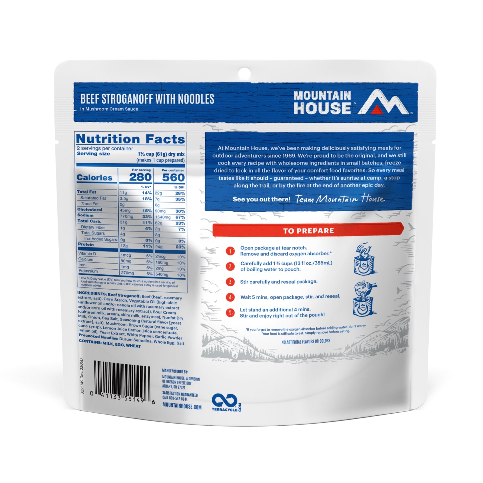 Back of Mountain House Beef Stroganoff with Noodles pouch showing ingredients, nutrition facts and preparation instructions