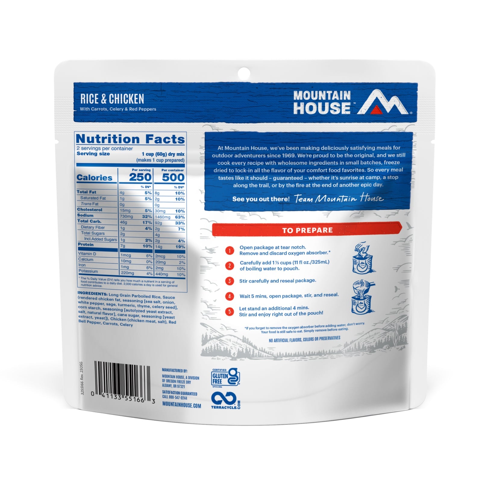 Prepared Mountain House Rice & Chicken campsite meal, bowl view