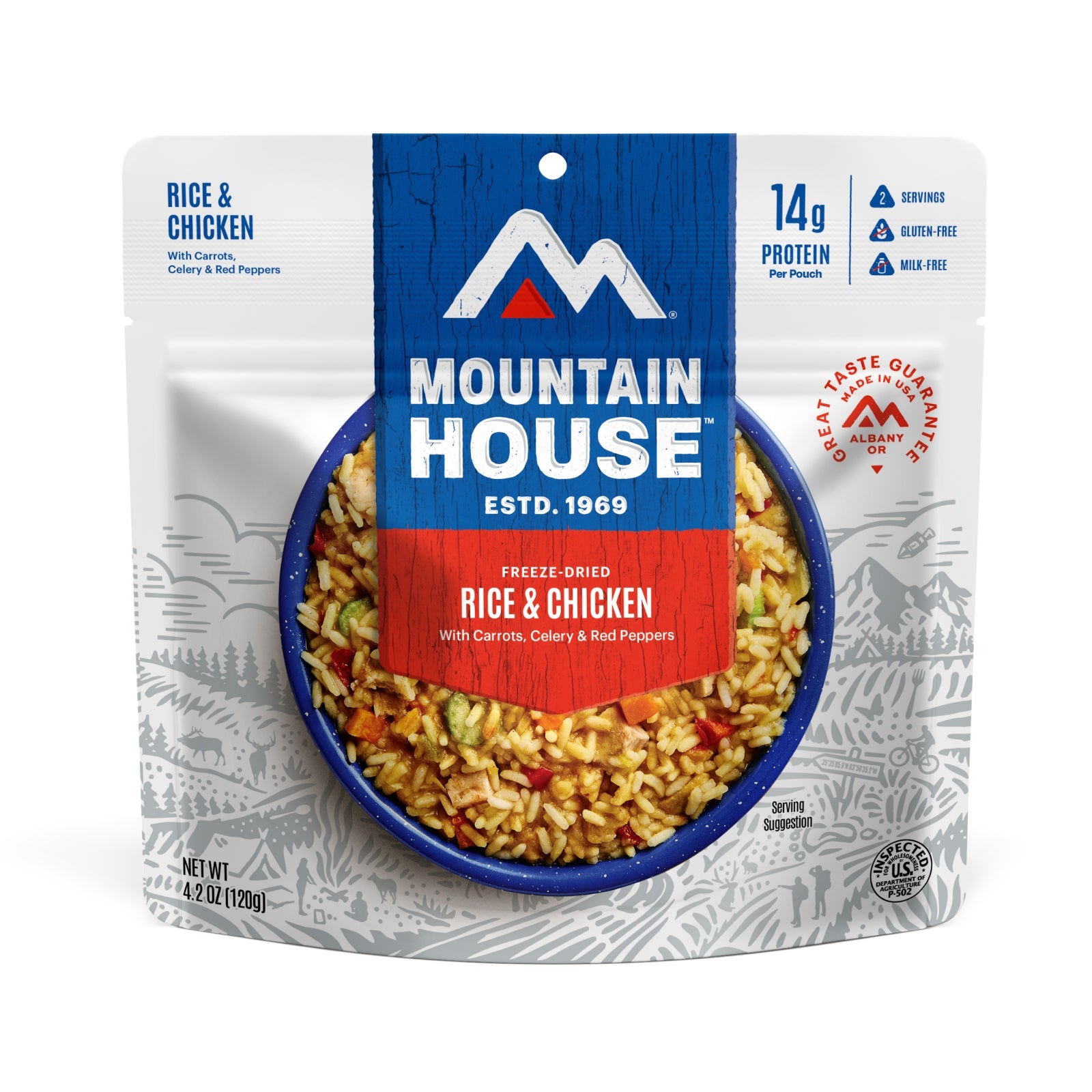 Mountain House Rice & Chicken meal pouch front view