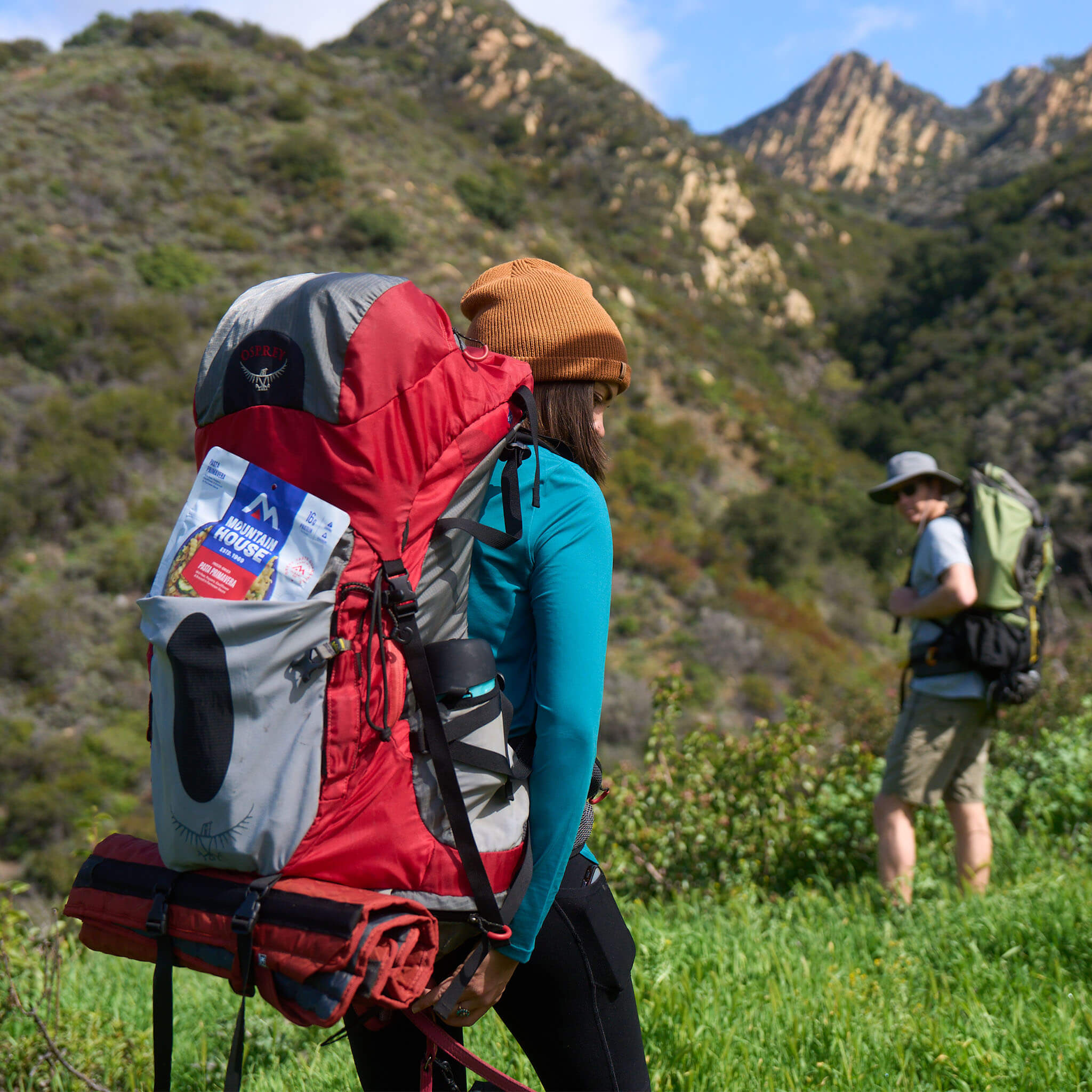 Two hikers with large backpacks in a mountainous landscape