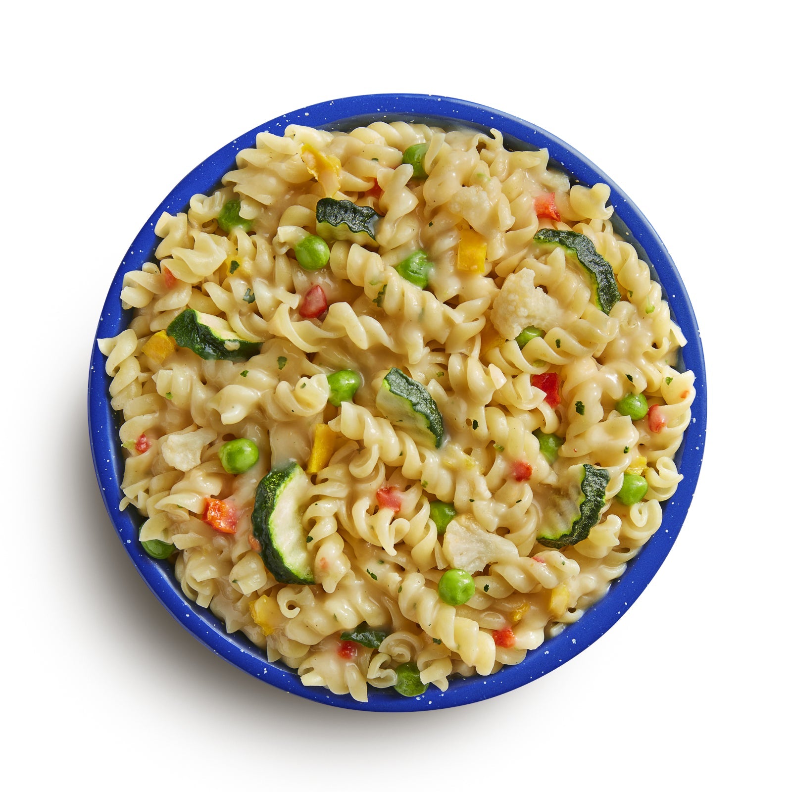 Pasta dish with vegetables in a blue bowl on a white background