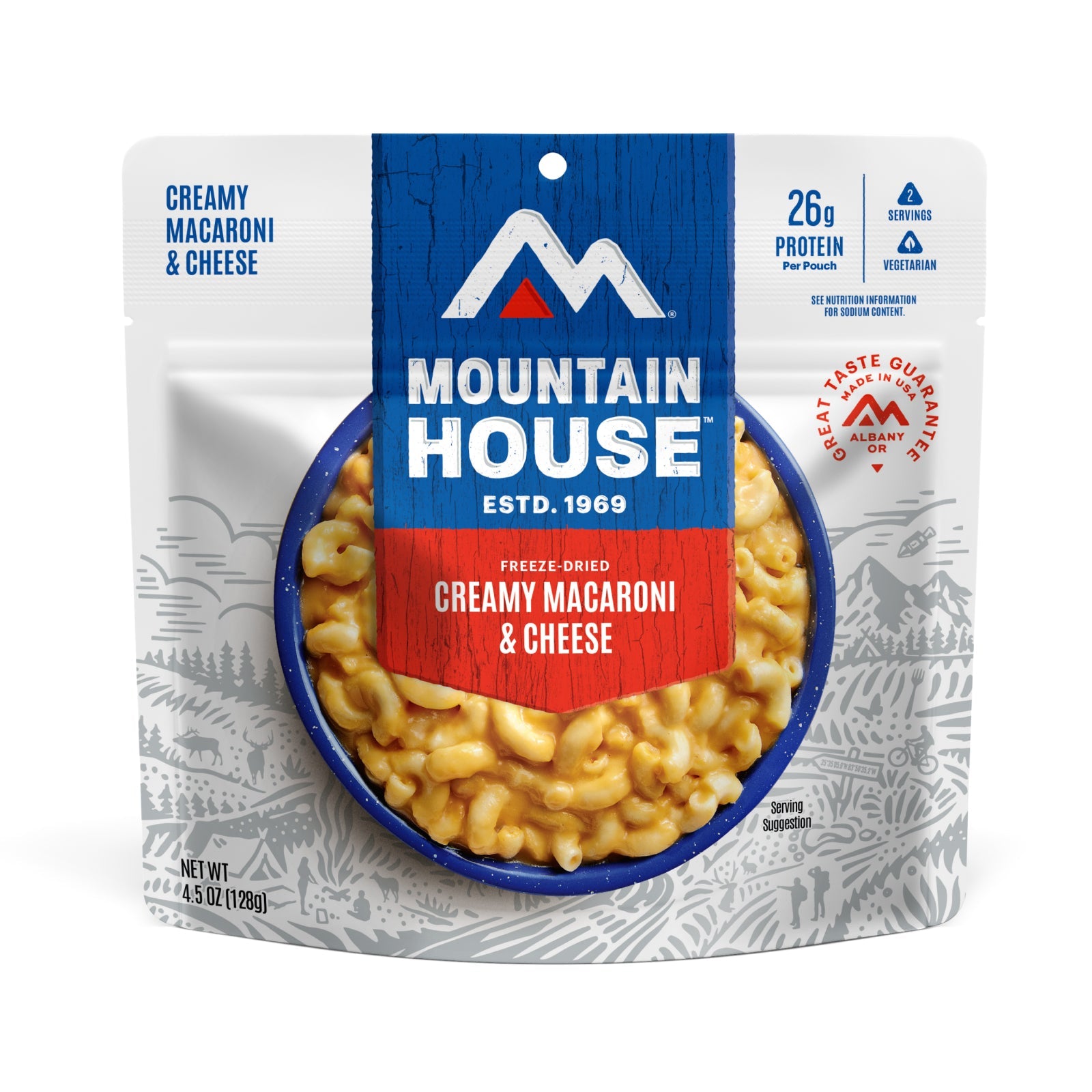 Mountain House creamy macaroni and cheese package on a white background