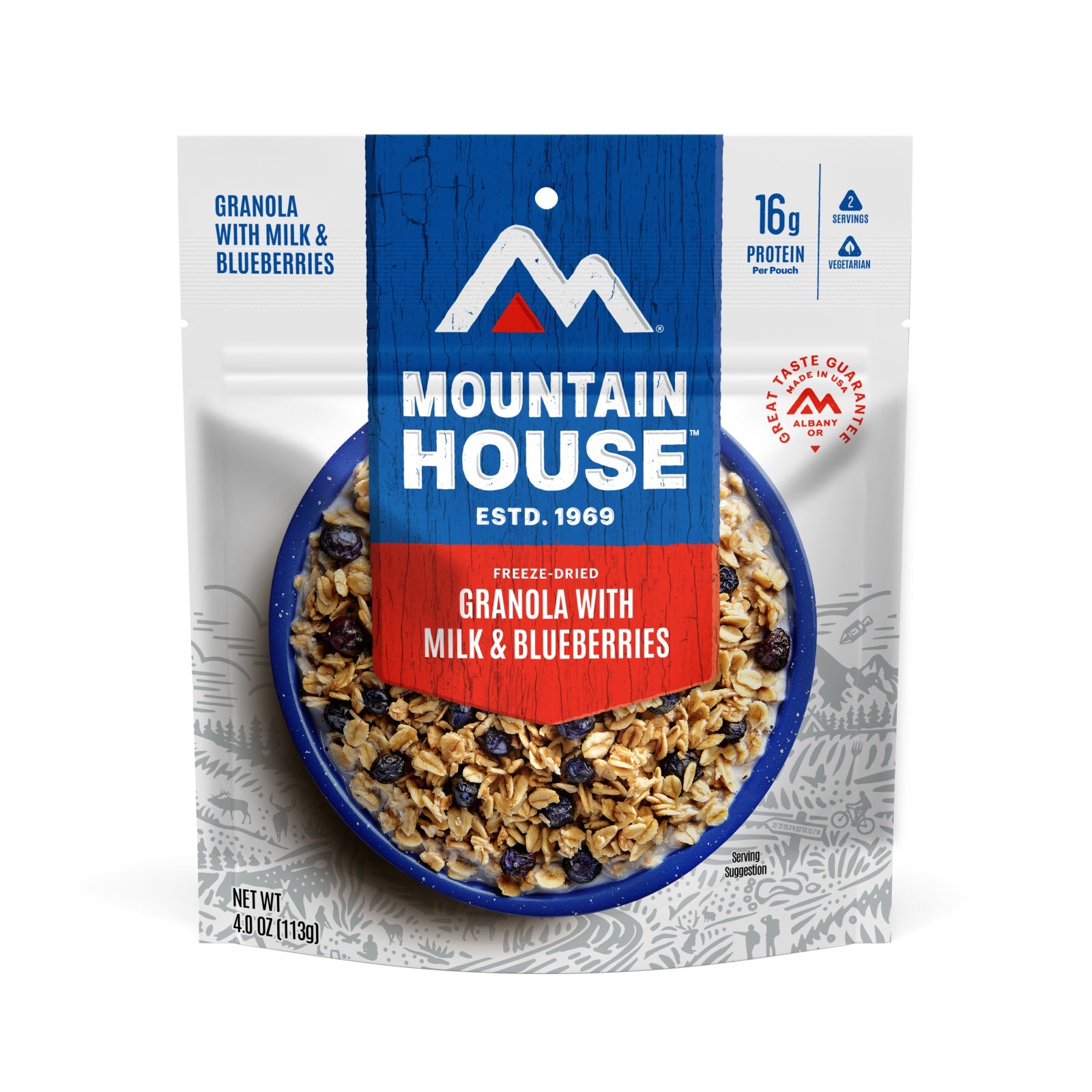 Mountain House freeze-dried granola with milk and blueberries packaging on a white background