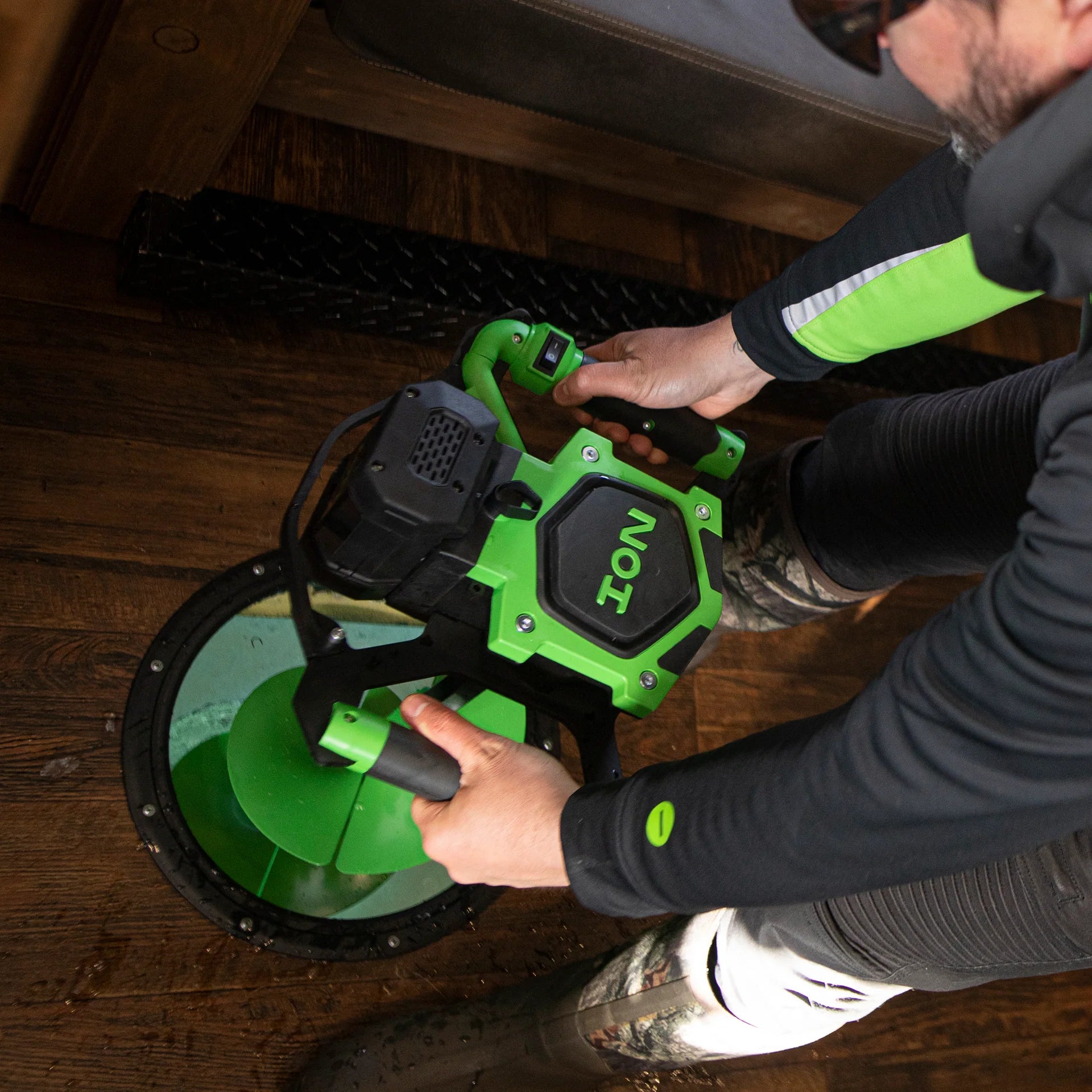 ION Alpha Plus 10-inch electric ice auger, lightweight design under 17 lbs with a composite auger bit.