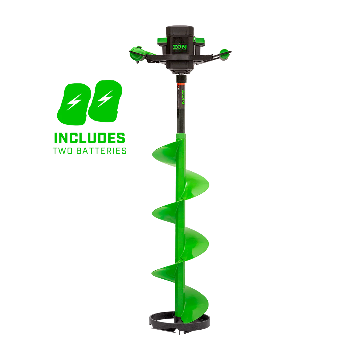 ION Alpha Plus 10-inch electric ice auger with Turbo high-speed cutting system, lightweight composite bit, and up to 1200 inches of ice cutting per charge.