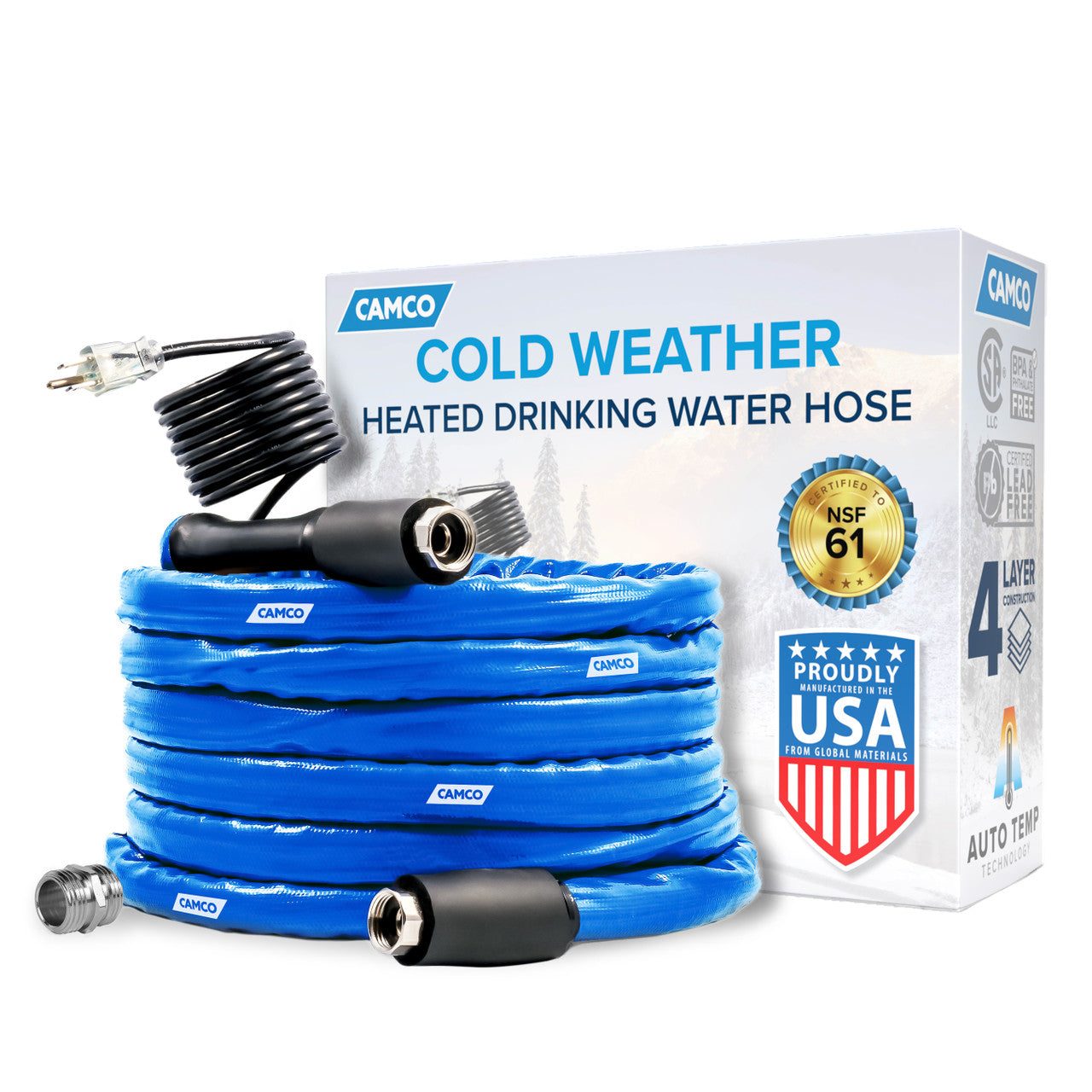 Camco 25-foot heated drinking water hose designed for RVs, livestock, agriculture, and residential uses, providing freeze protection for water lines.