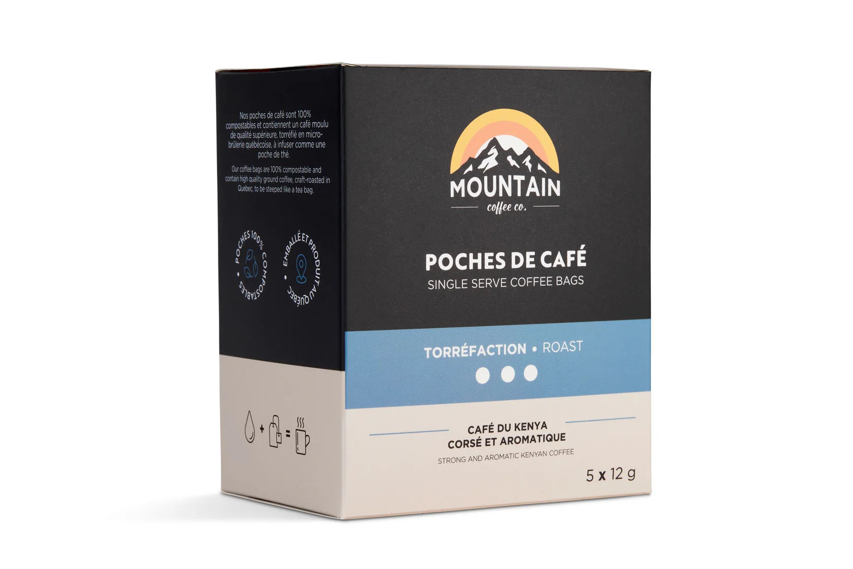 Freshly ground coffee brew pouch made from 100% compostable vegetable fibers.