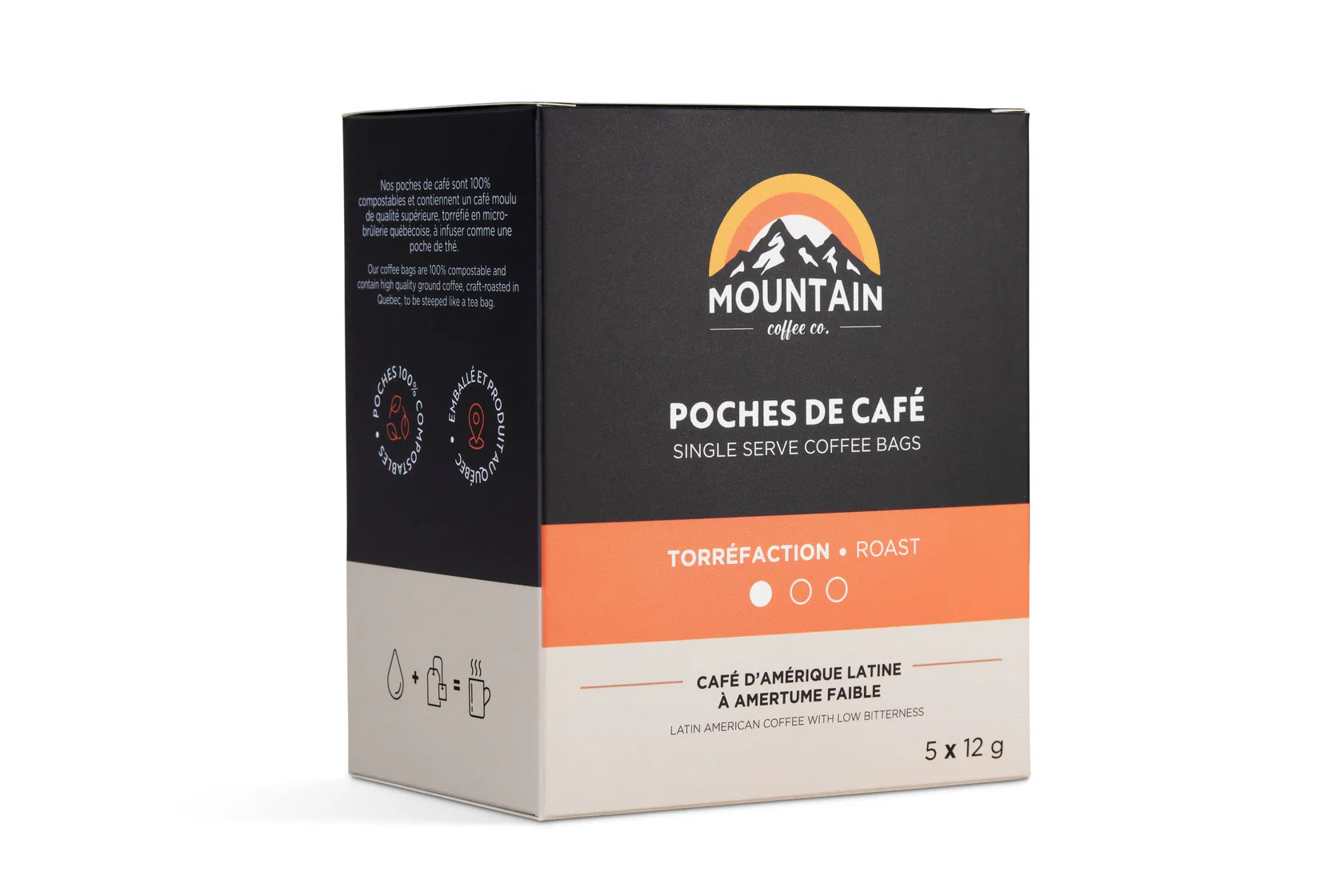 Compostable single-serve coffee brew bag with freshly ground Quebec-roasted coffee.