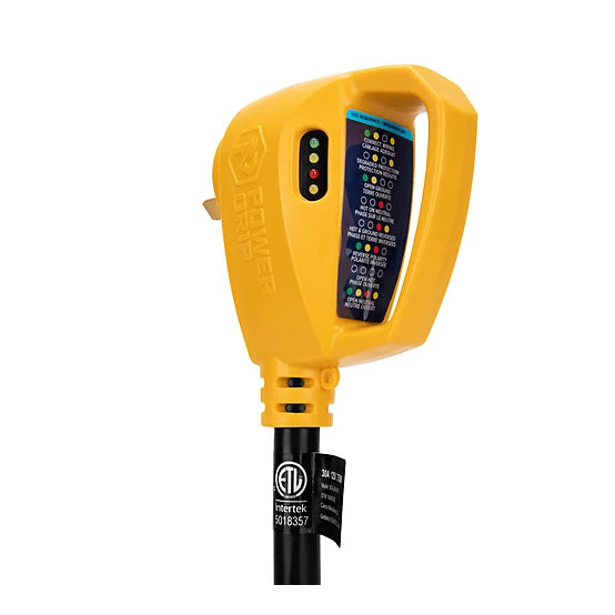 RV surge protector and circuit analyzer adapter with 90-degree heads for reduced stress on connections