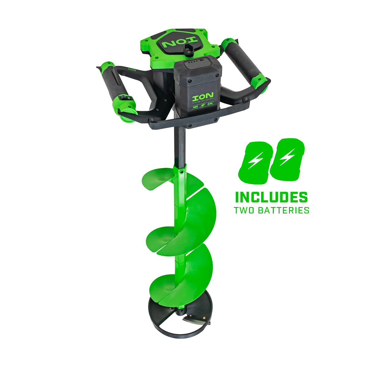 ION Alpha Pro 10-inch 40V electric ice auger with two batteries