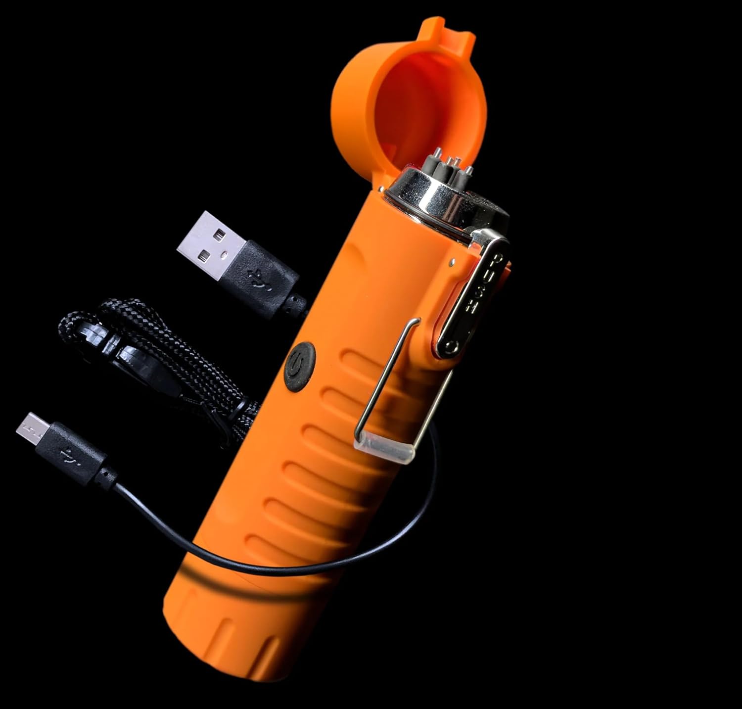 The plasma lighter in action outdoors, with its dual plasma beams unaffected by strong wind, igniting a small flame