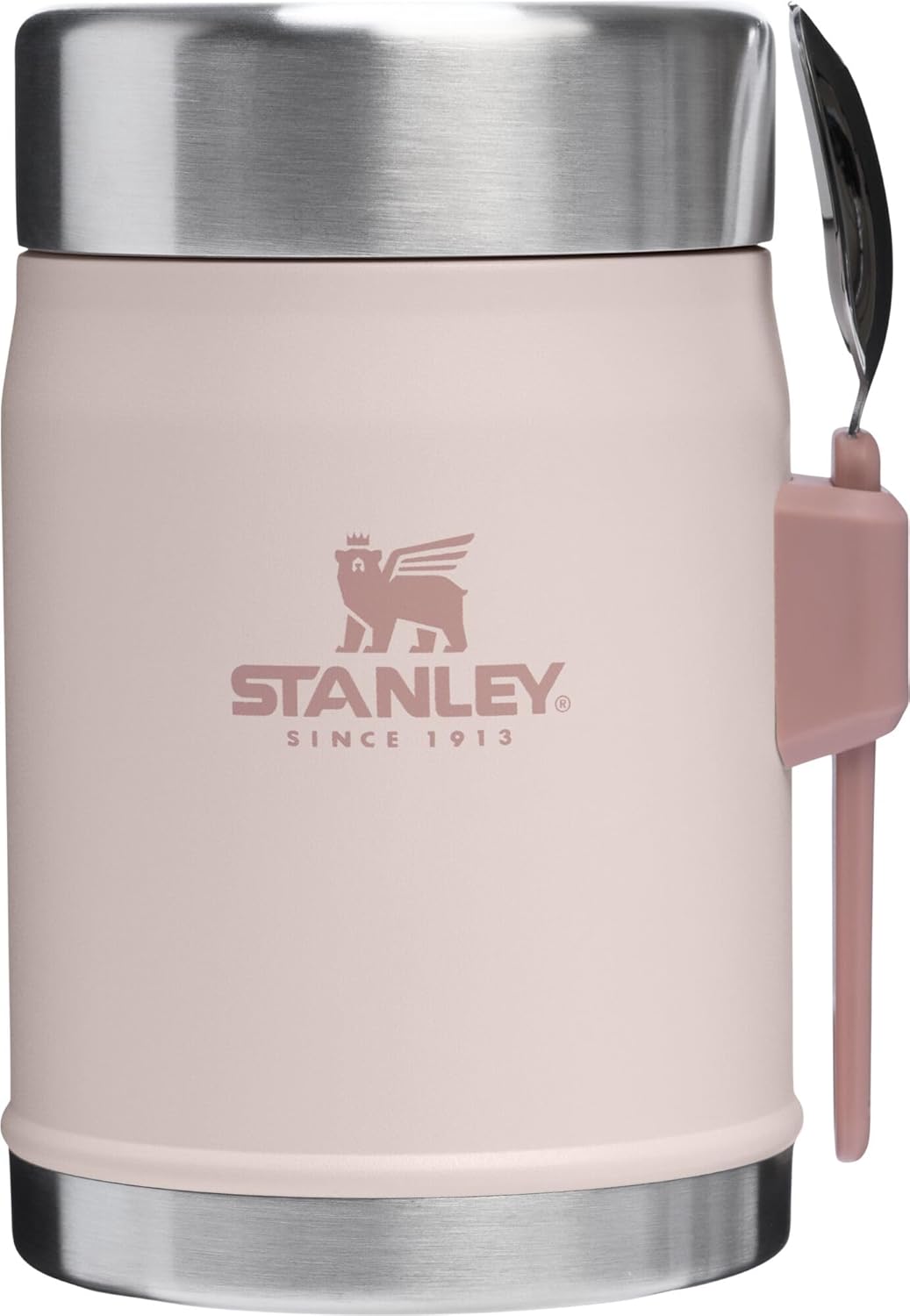 Insulated stainless steel food jar with pressure-release lid and side-mounted spork