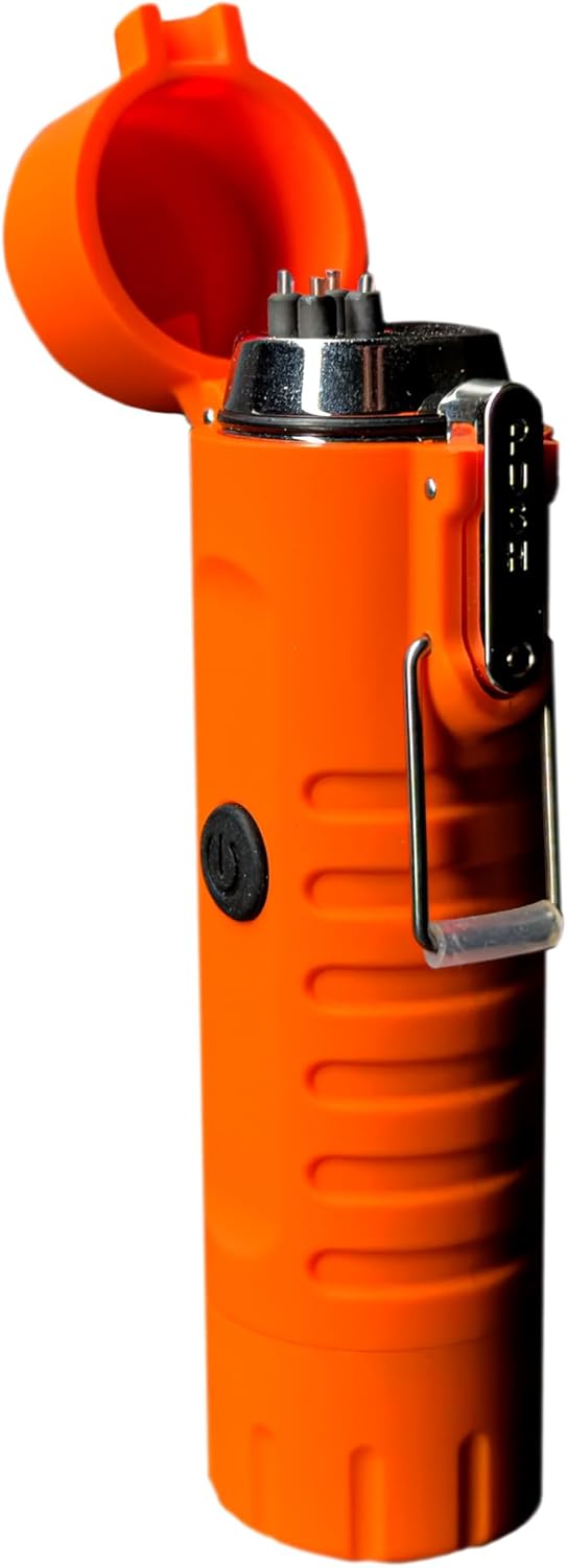 The plasma lighter with its built-in 120-lumen flashlight turned on, illuminating a dark environment with a bright beam